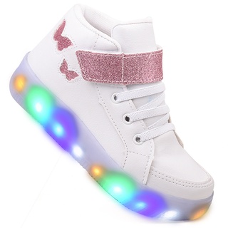 Tenis Feminino Infantil Botinha Borboleta De Led Meninas Cano Alto com Luzinha Linkito