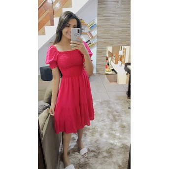 Vestido Ciganinha Midi em Viscolinho Com Lastex na Cintura Maria Moda Evangélica Feminina Tendência Blogueira Longo