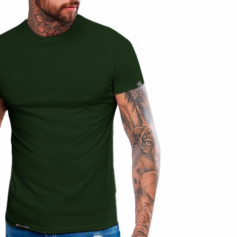 Camiseta Básica Masculina Camisa Slim Verde Militar 100% Algodão Fio 30.1 Malha Penteada