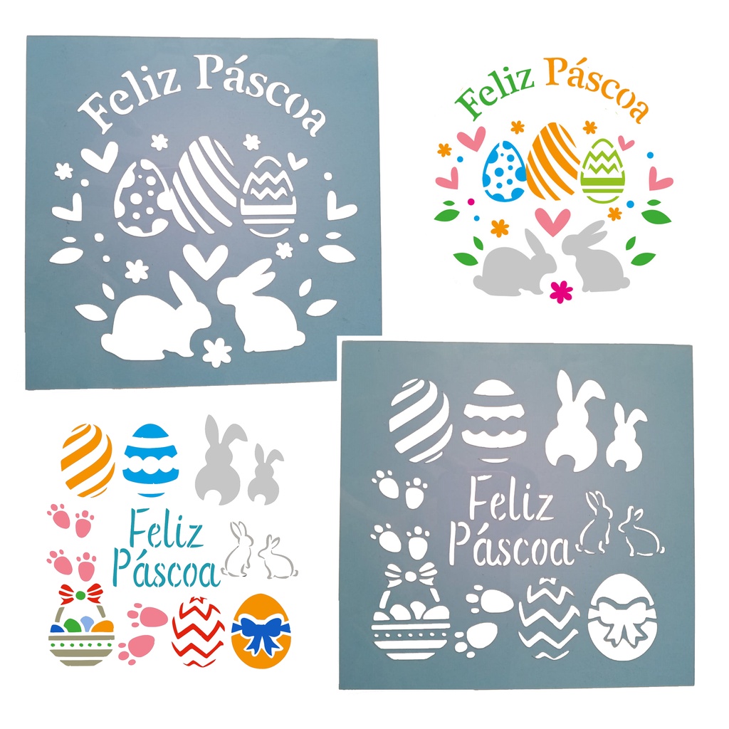Stencil Feliz Pascoa Coelhinho Ovo 2 Moldes 18cm Cada em Oferta na Shopee