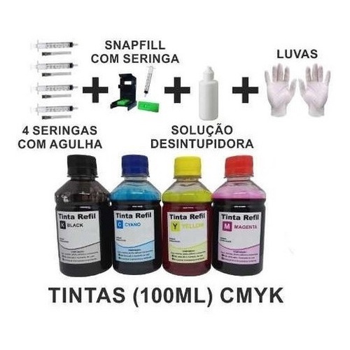 Kit Tinta Recarga Cartucho + Snap + Luva + Solução 100 Ml