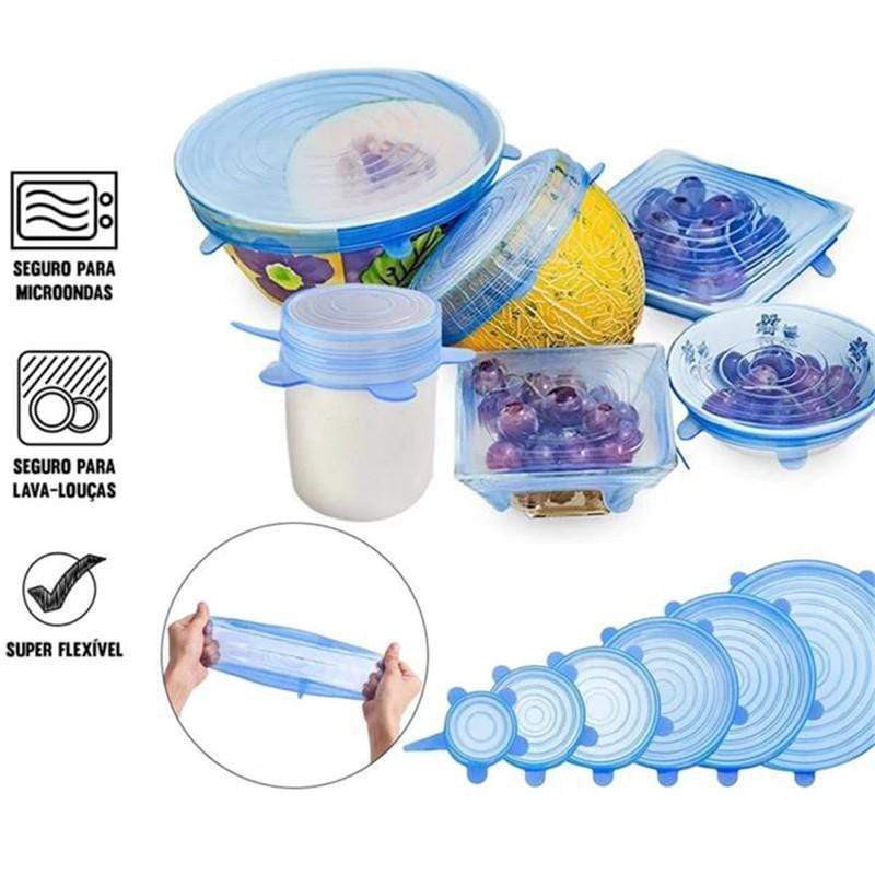 Kit 6 Tampas Tampa Silicone Elastica Reutilizável Elástica para Potes Tapoer Panela Cozinha Flexivel