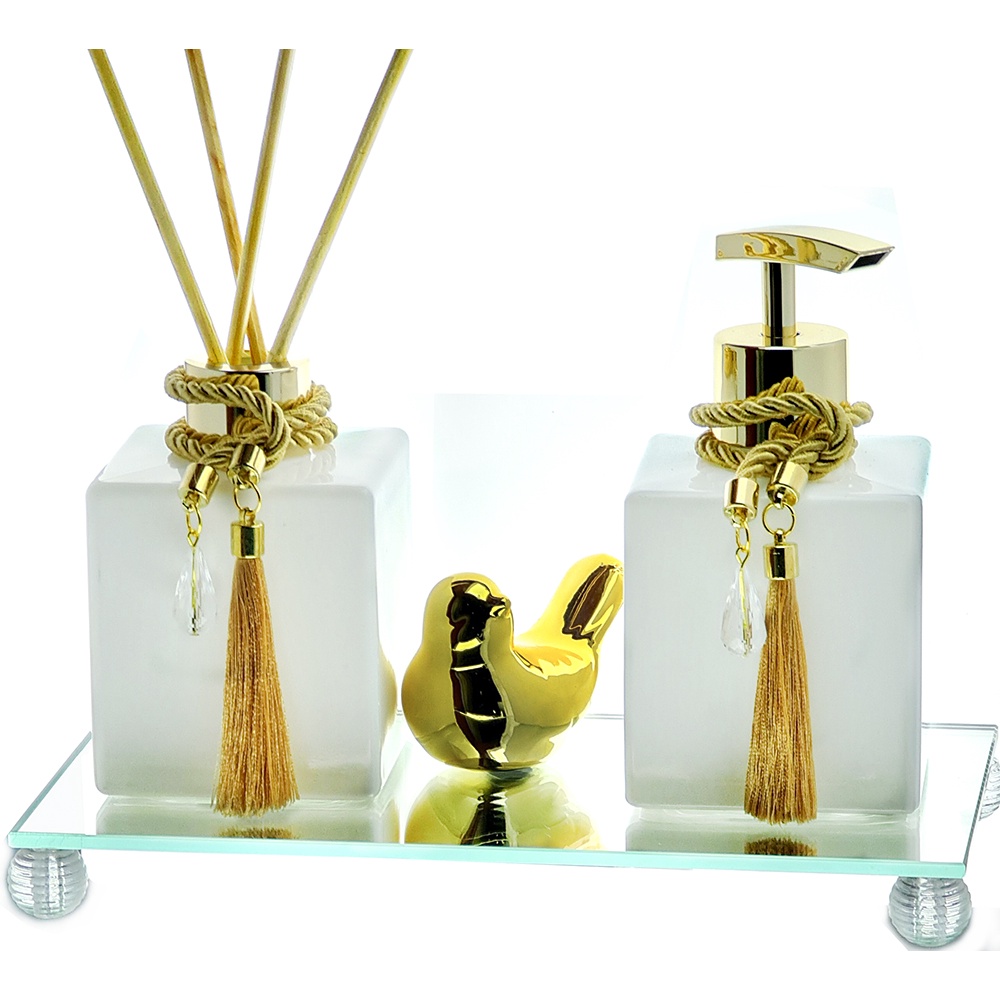 Kit Lavabo Vidro Cubo Branco 250ml Enfeite Dourado Aromatizador e Saboneteira Com Bandeja Passarinho em Oferta na Shopee