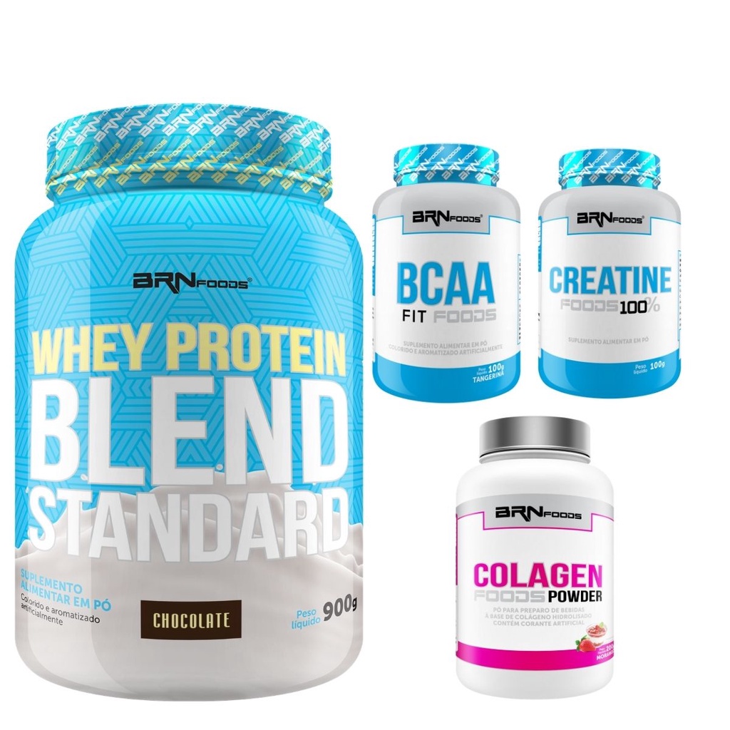 Kit Whey Protein Blend Standard 900g + Creatina Monohidratada 100% Pura 300g + BCAA 100g + Colágeno Sabor Morango 200g - BRN FOODS