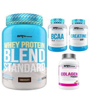 Kit Whey Protein Blend Standard 900g + Creatina Monohidratada 100% Pura 300g + BCAA 100g + Colágeno Sabor Morango 200g - BRN FOODS