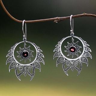 Brincos Vintage Femininos De Prata Esterlina 925 Sterling Inlay Crystal Ruby Sun Pendant