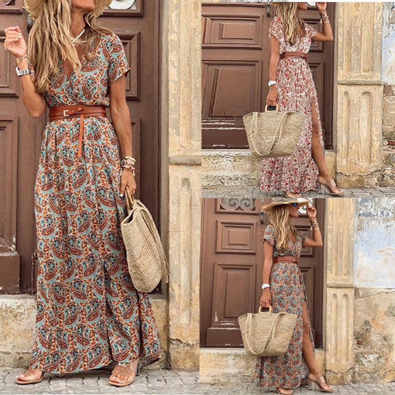 Moda Manga Curta Floral Imprimir Maxi Vestido Mulheres 2022 Verão Casual Boho Senhoras Elegantes Vestidos Longos Para As Com Cinto