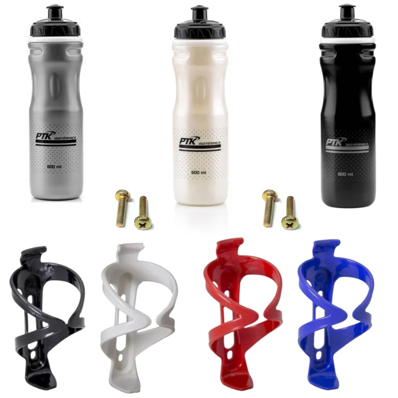 Garrafa Isotérmica PTK 600ml Varias cores ciclismo + Suporte de caramanhola W2 com 2 Parafusos Bicicleta/MTB/SPEED/BIKE