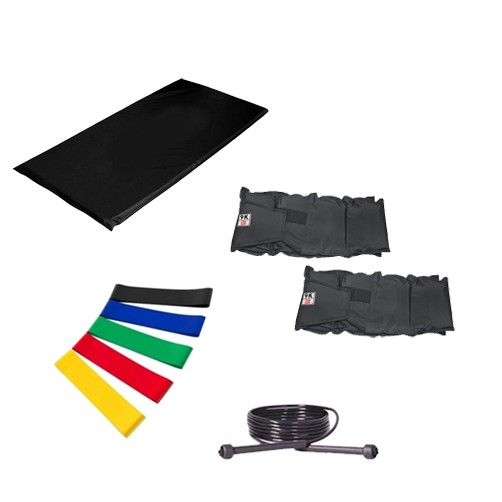 Kit Colchonete Preto + Par de Caneleira Tornozeleira De Peso 9kgs Profissional + 5 Mini Band Elástico para Exercícios + Corda de Pular Ajustável