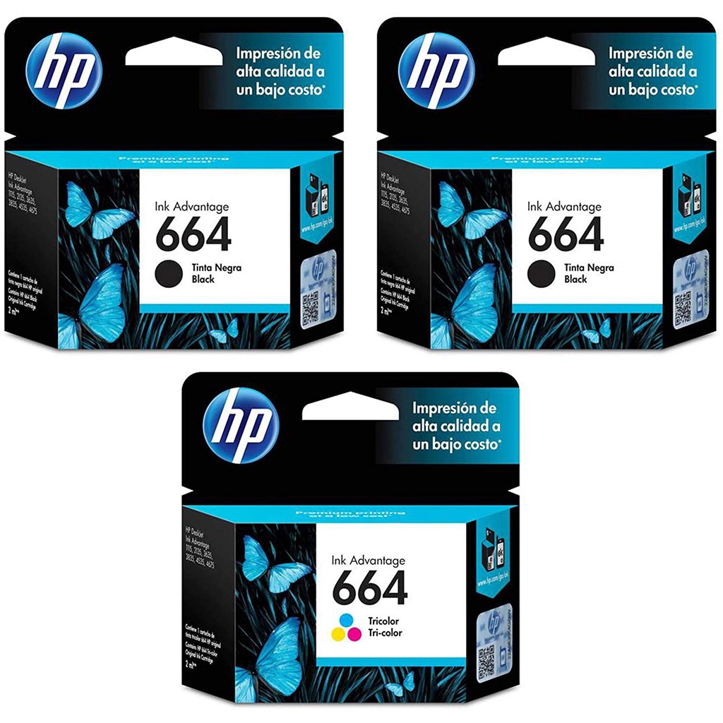 Kit de Cartuchos 664 Hp /  2 Pretos e 1 Colorido Original / HP DeskJet 1115, HP DeskJet 2136 All-in-One, HP DeskJet Ink Advantage 2676, HP DeskJet 3636 All-in-One, HP DeskJet 3836 All-in-One, HP DeskJet 4536 All-in-One, HP DeskJet 4676 All-in-One