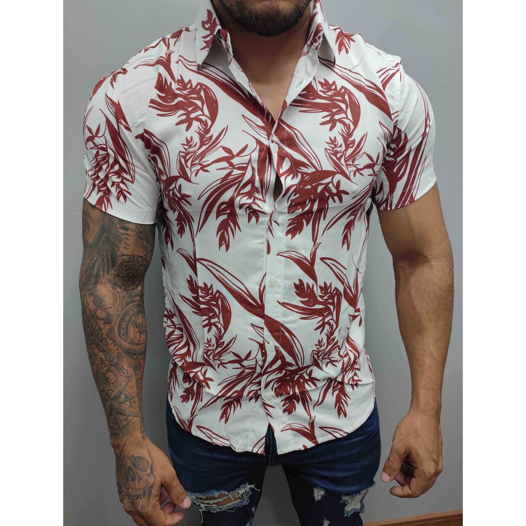 Camisas sociais floridas manga hot sale curta