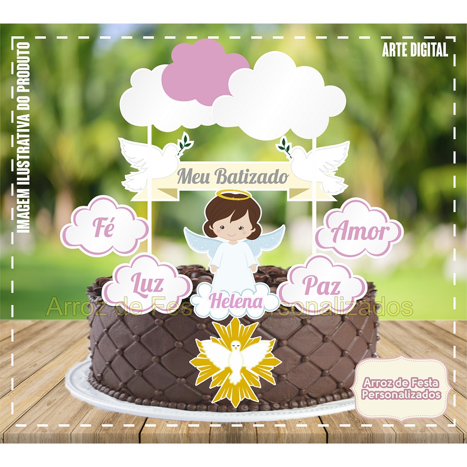 Topo de Bolo Topper de Bolo Personalizado Batizado Anjinho Menina