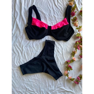 conjunto e peças avulsas de biquini plus size preto com rosa