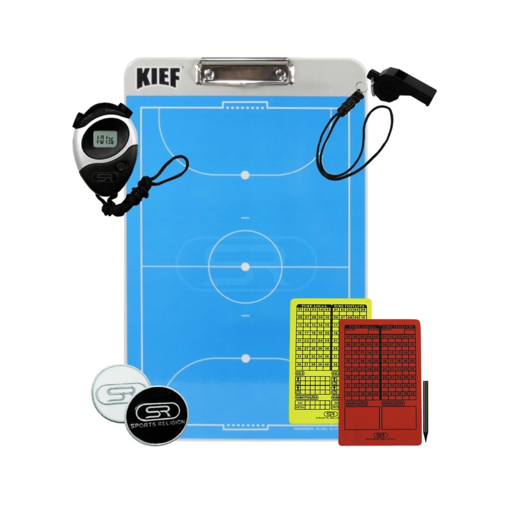 Prancheta Tática Dupla Face Futebol De Salão Kief + Apito Com Cordão + Cartão De Arbitro + Cronometro - Futsal