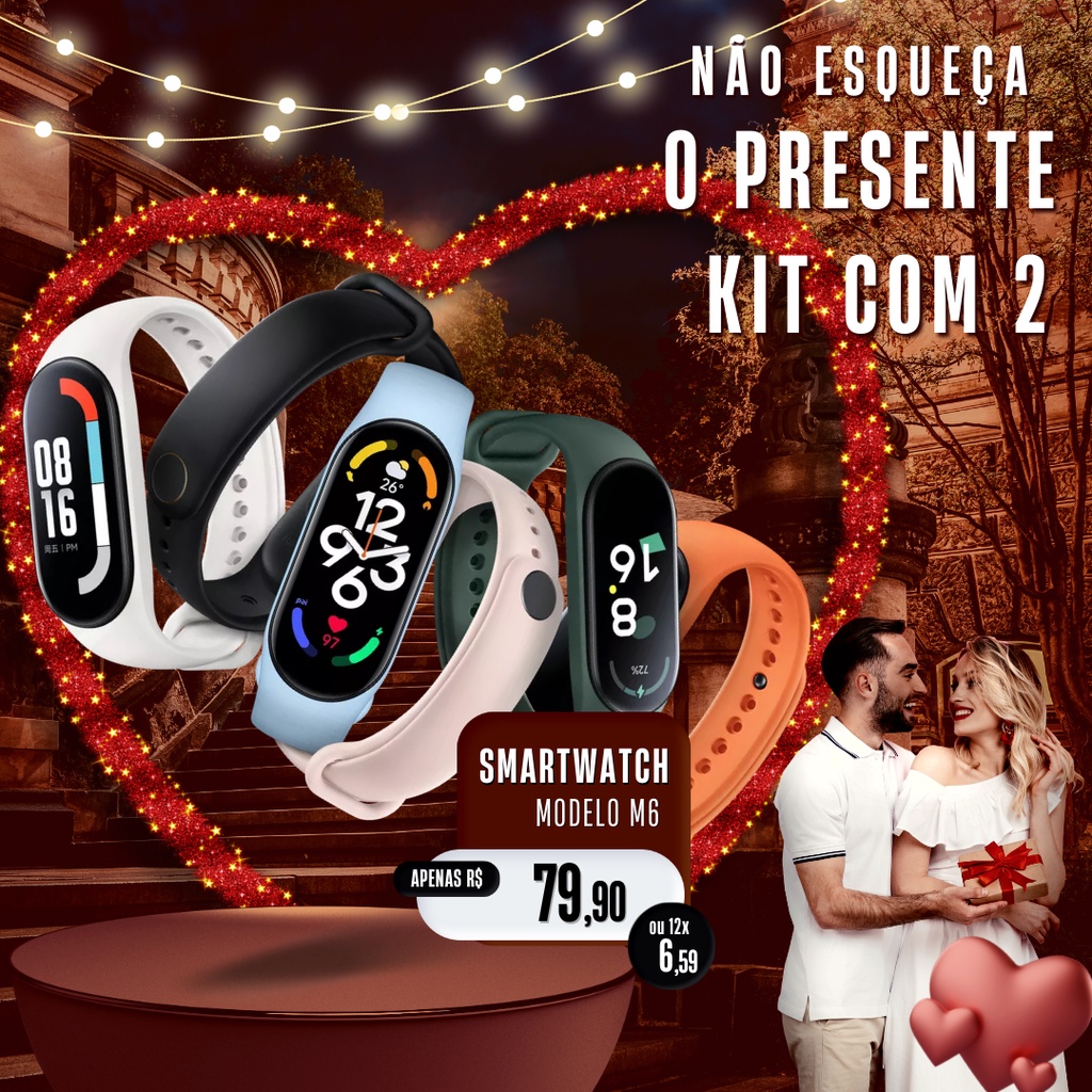 Kit Namorado Com 2 Relogio Inteligente Smartwatch Mi Band 6 / M6 Pro Rosa e Preto