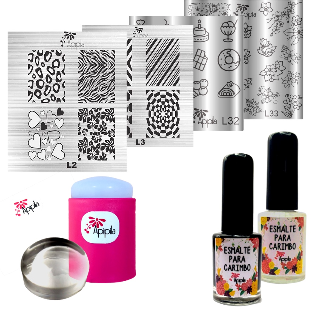 Kit Apipila Carimbo de Unha Com 4 Placas + Carimbo Transparente + 2 Esmaltes + Brinde