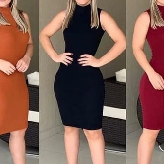 Vestido feminino tubinho canelado midi gola alta manga cavada tecido elastano versátil