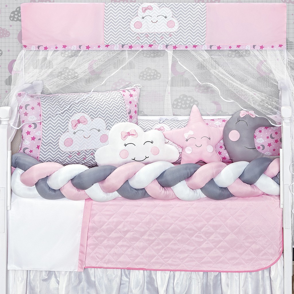 Kit Berço Trança Lua Nova Rosa Nuvem Menina 10 Peças Americano Especial Qualidade em Oferta na Shopee
