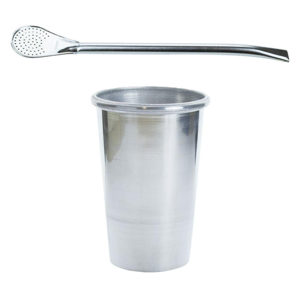 Copo 350ml de Terere Alumínio Cromado + Bomba Clássica Cromada para Tereré