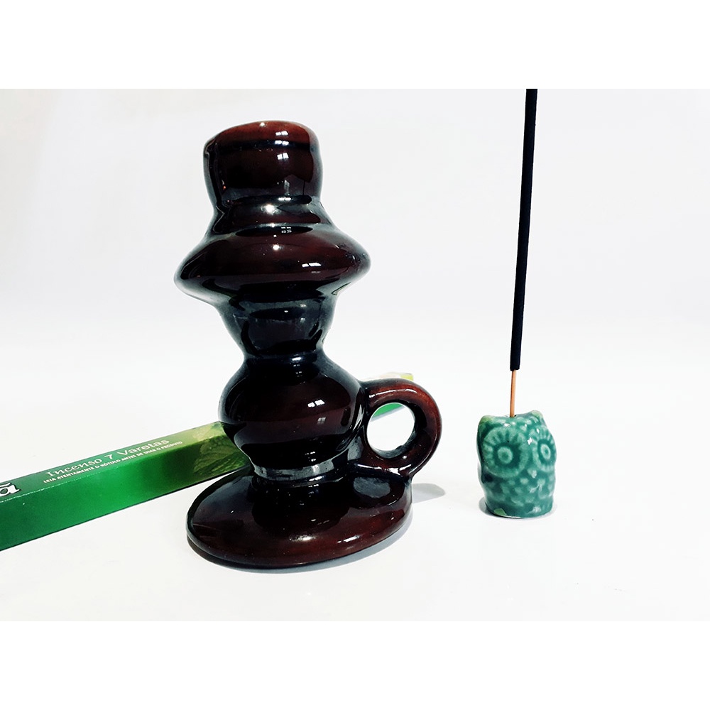 Castiçal antigo de porcelana e mini incensário coruja - 12cm