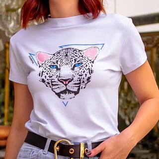 Blusa T-shirt Camiseta Feminina Estampada - Oncinha - Branco