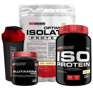 Kit Suplemento de Proteína Isolada Iso Protein 900g + Optimum Isolate Protein 900g + Glutamina 100% 300g + Coqueteleira - Kit Personalizado para Atletas de Musculação na Academia - Bodybuilders