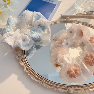 Flor Bordada Corda Cabelo Malha Scrunchies Faixa De Borracha Do Vintage Meninas Rabo De Cavalo Versão Coreana Pequena Margarida Organza Laço De Da Moda Acessórios Para O
