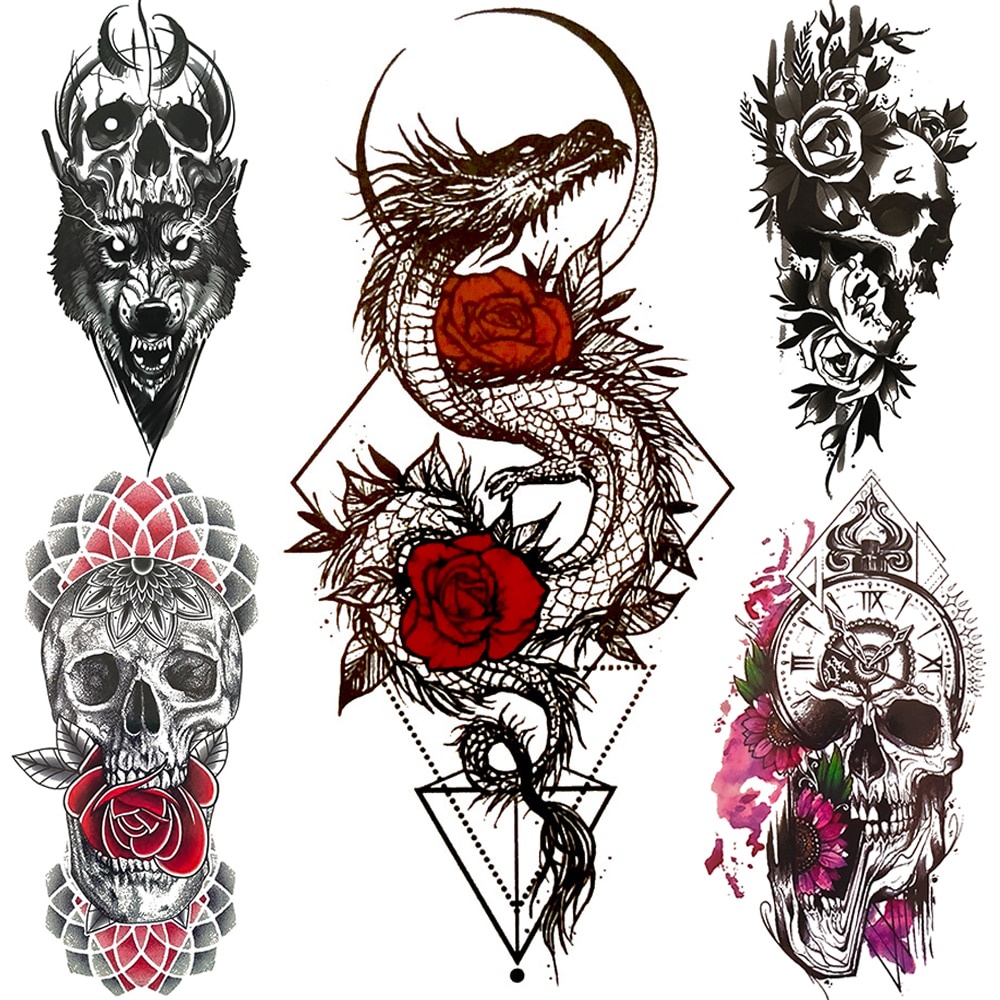 3D Skeleton Fake Temporary Tattoo For Women Men Death skull Dragon Tattoos  Geometric Rose Creative Waterproof Tatoos Chest Waist | Shopee Brasil