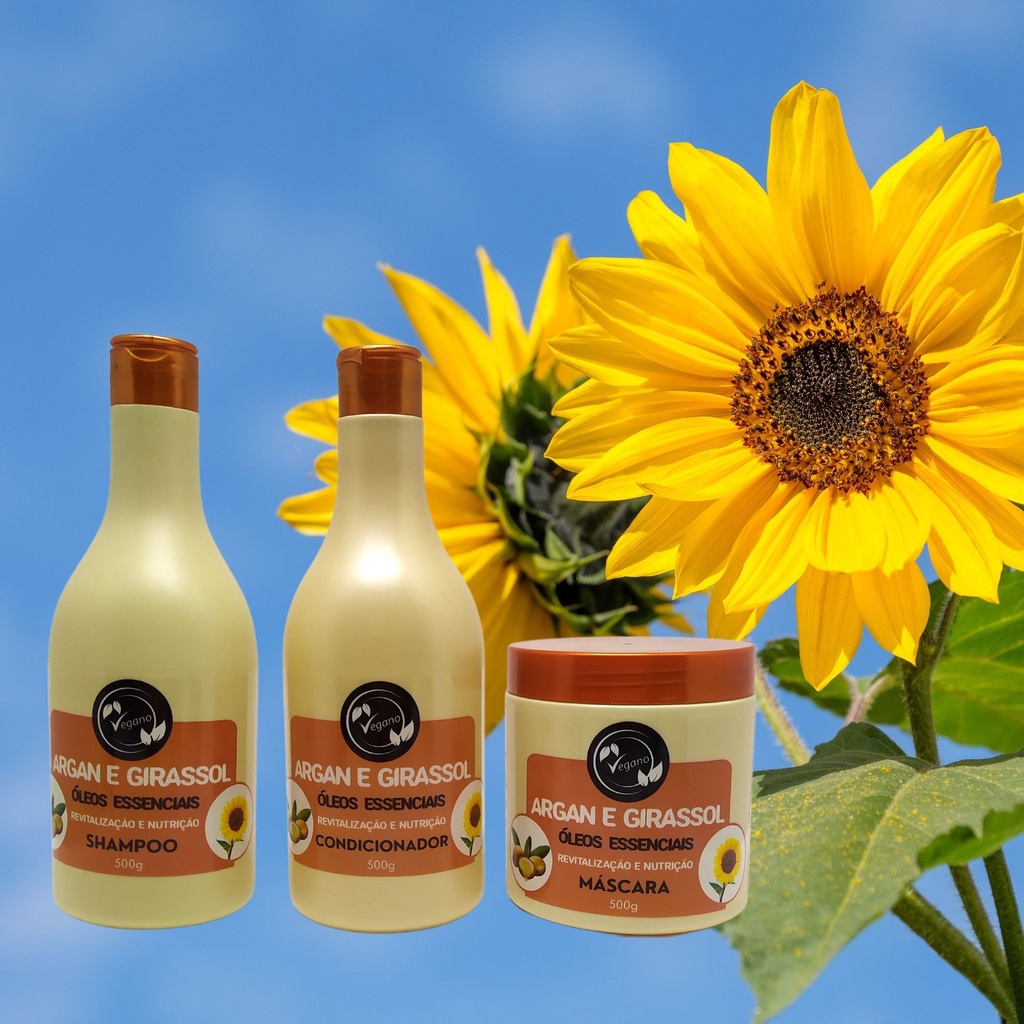 Kit Argan e Girassol Vegano Maycrene 3x500, Óleos Essências Revitalização e Nutrição aos seus cabelos