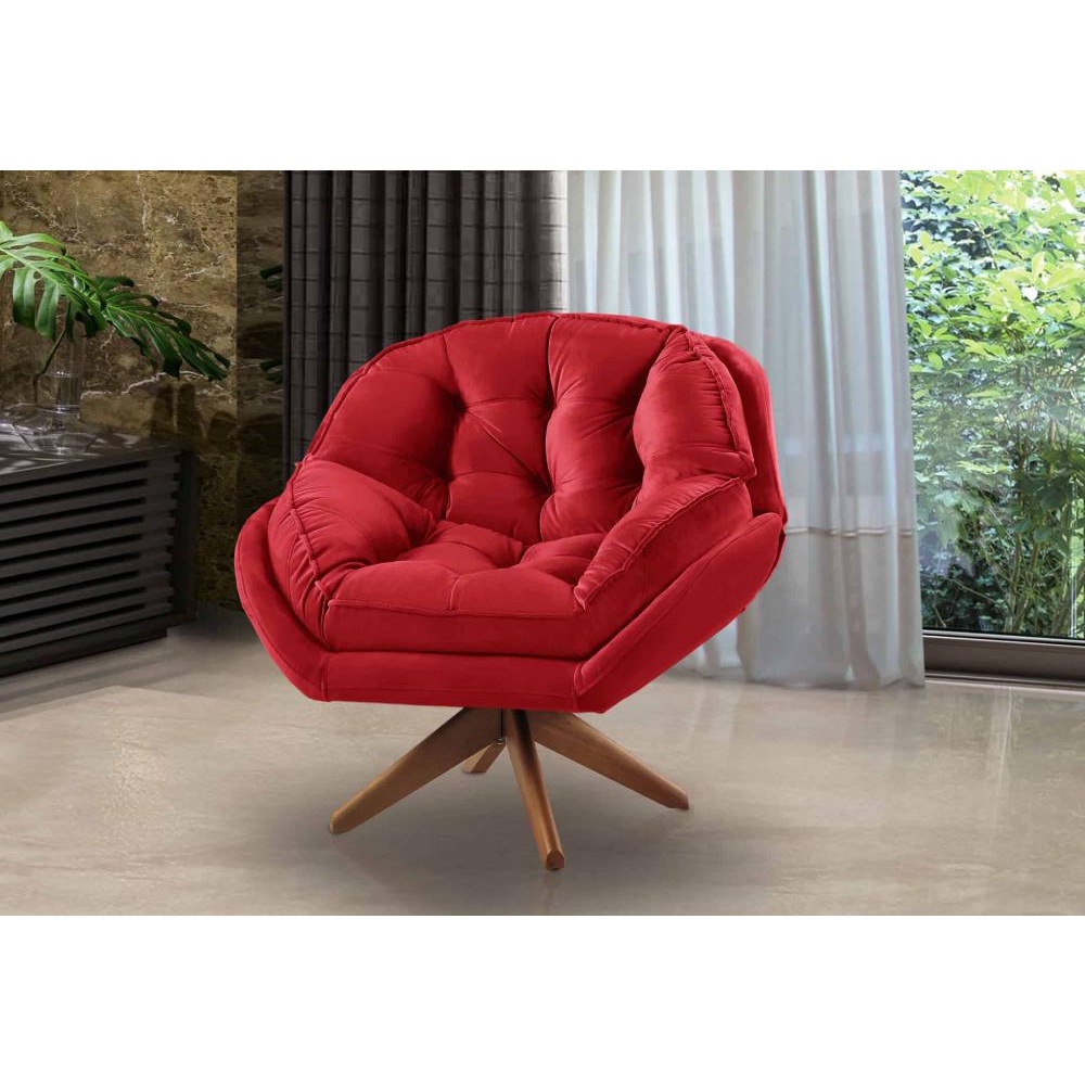 Poltrona Decorativa Califórnia com Pillow Top e Pés Palito de Madeira Velusoft Vermelho - Sofá Casa