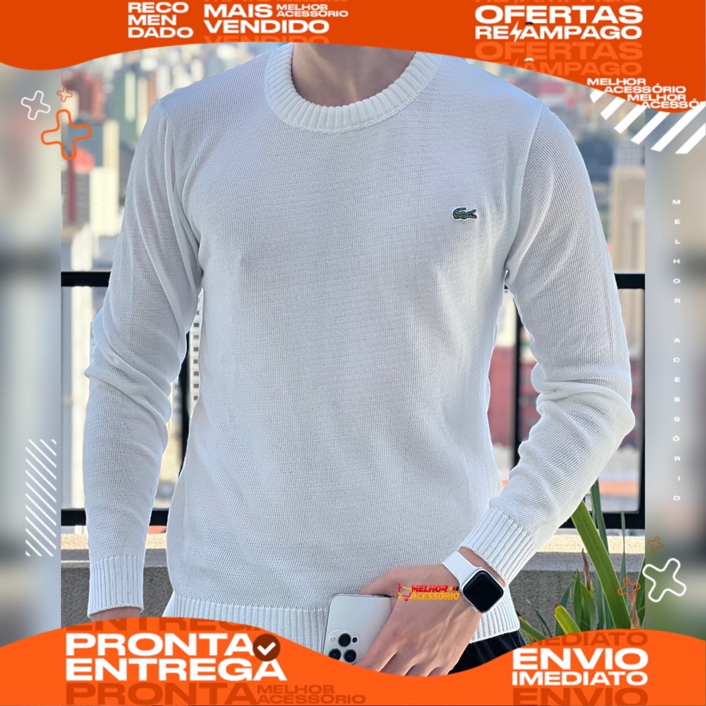 Blusa Suéter Lacoste Branco Liso Masculino Envio Imediato Edição