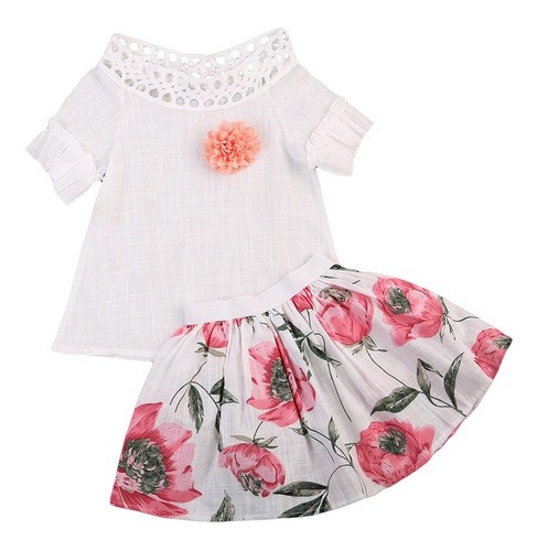 Conjunto Infantil Menina Saia Florida E Blusa Renda Com Rosa