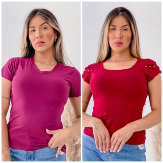 2 Blusas Femininas Gola V Curta e Detalhe na Manga