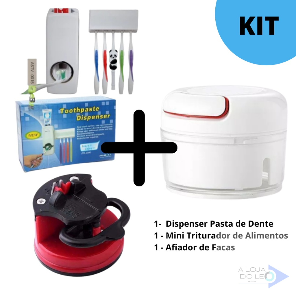 Kit com Dispenser de Pasta de Dente Triturador de Alimentos e Afiador de Facas com ventosas