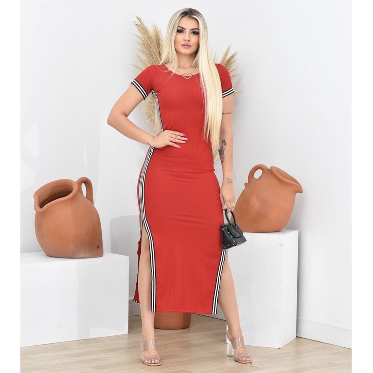 Detalhes do Vestido Longo Fenda Lateral Manga Curta Canelado Confortável Feminino