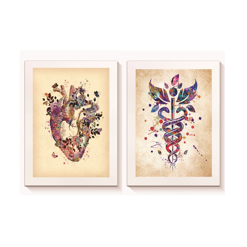 Kit 2 Quadros Decorativos Coração Símbolo de Medicina Cardiologia Consultório Medicina Moldura 20x30cm Madeira