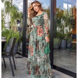 Vestido longo, todo confeccionado no tule estampado, manga longa, todo forrado na helanca, com uma leveza impecável.