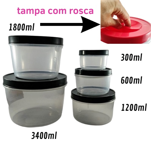 kit 5 Pote Mantimentos Redondo Tampa Com Rosca Transparente