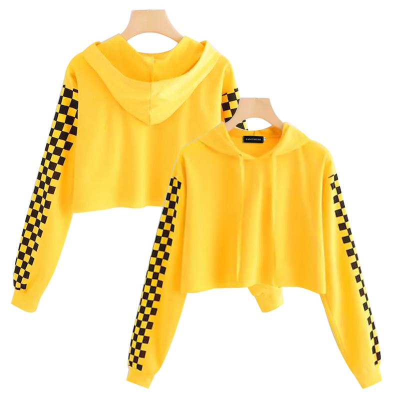 Fancyqube Mulheres Cortar Tops Pullover Amarelo Moletom Houndstooth Manga Cropped Hoodies | Shopee Brasil