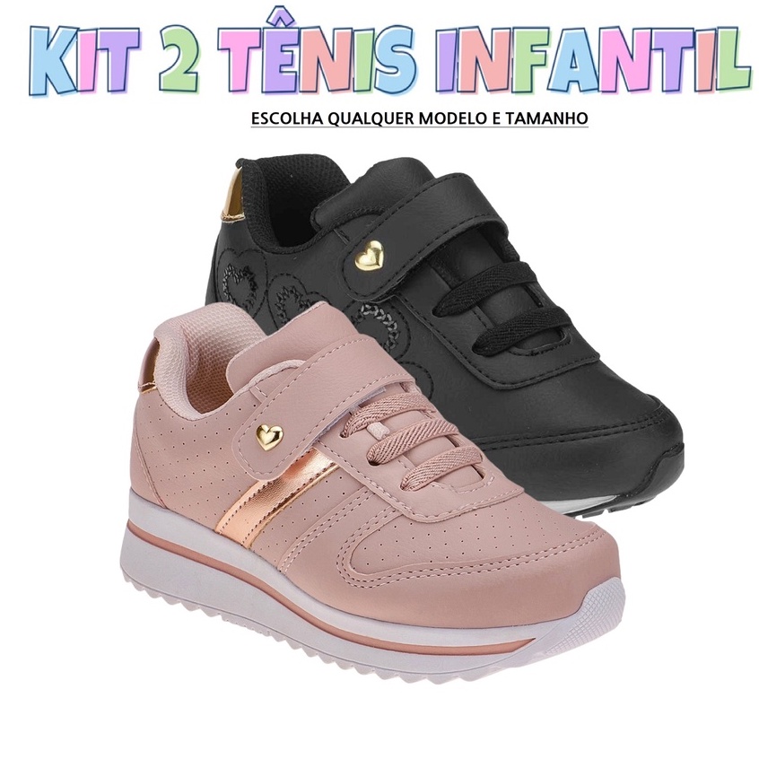 Tenis infantil Menina Kit C/ 2 Pares Sapato Infantil Volta as Aulas
