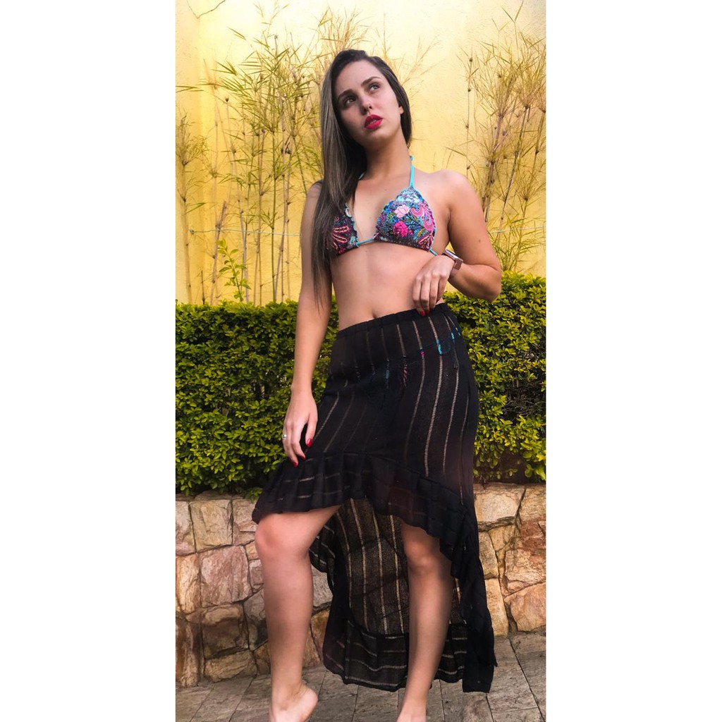 Saia Tricot Linha Mullet Babado Praia Canga Saída Colorida