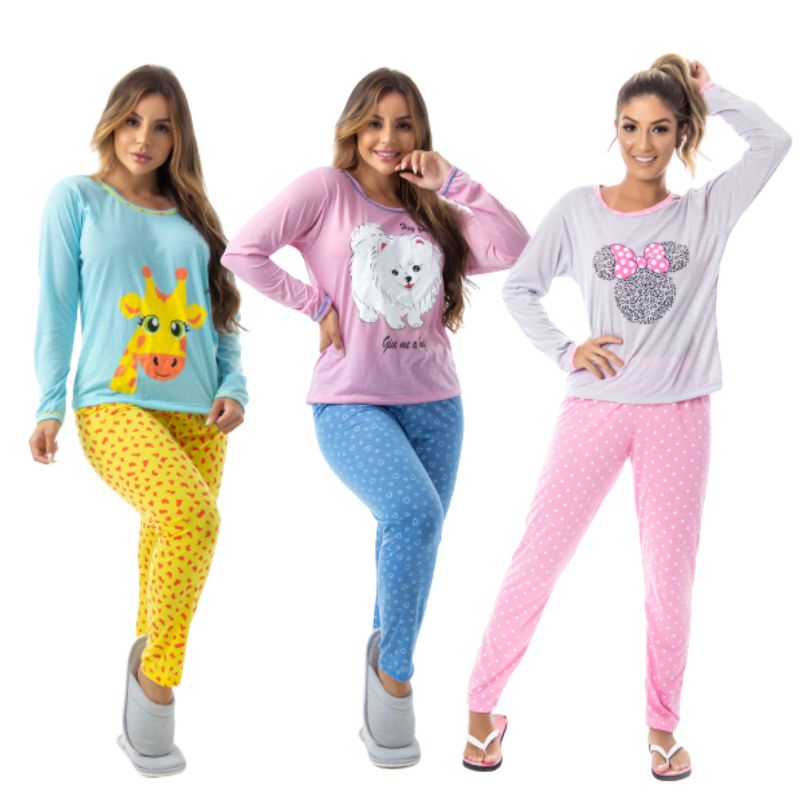 Kit Com Três Pijamas De Inverno Feminino Adulto Pijama Quentinho ...