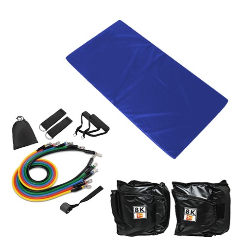 Kit Colchonete Azul + Kit Extensor Elástico 11 Peças Multifuncional Crossbend 1Fit +  Par de Caneleira Tornozeleira De Peso 8kg Profissional