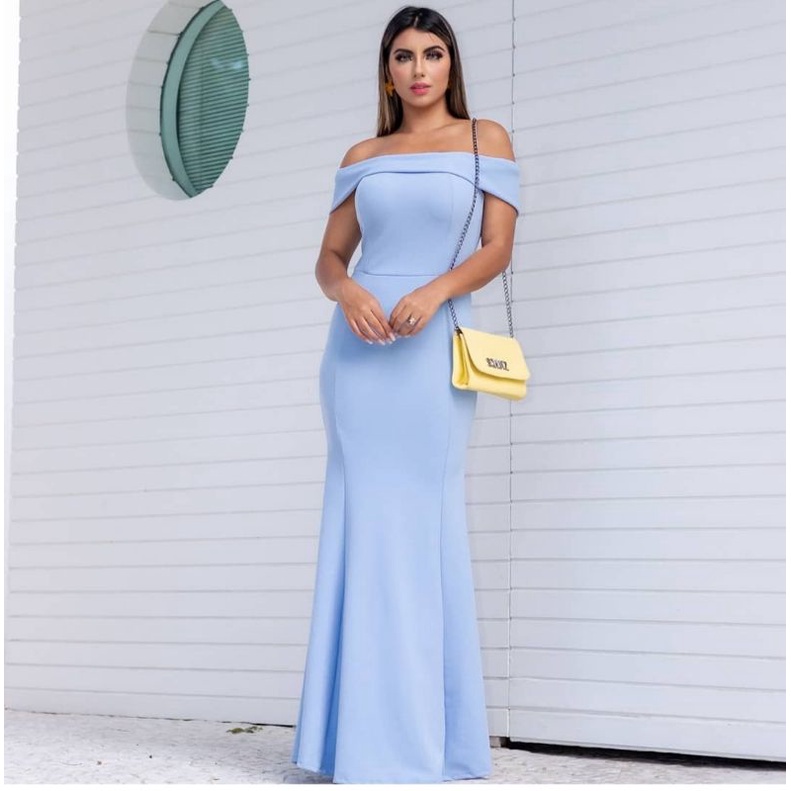 Vestido de festa azul serenity madrinha de casamento noiva formatura batizado azul marinho longo ciganinha ombro a ombro festa bojo - Pronta Entrega