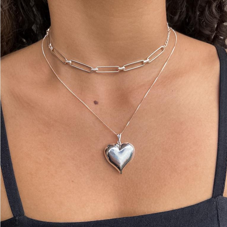 colar feminino coração a prata 925 + choker elos finos longo antialergico c/garantia
