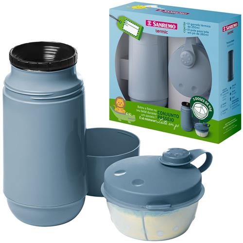 Conjunto Passeio com Garrafa Térmica 250mL e Pote para Leite em Pó 280mL Sanremo SR1001-63 Azul