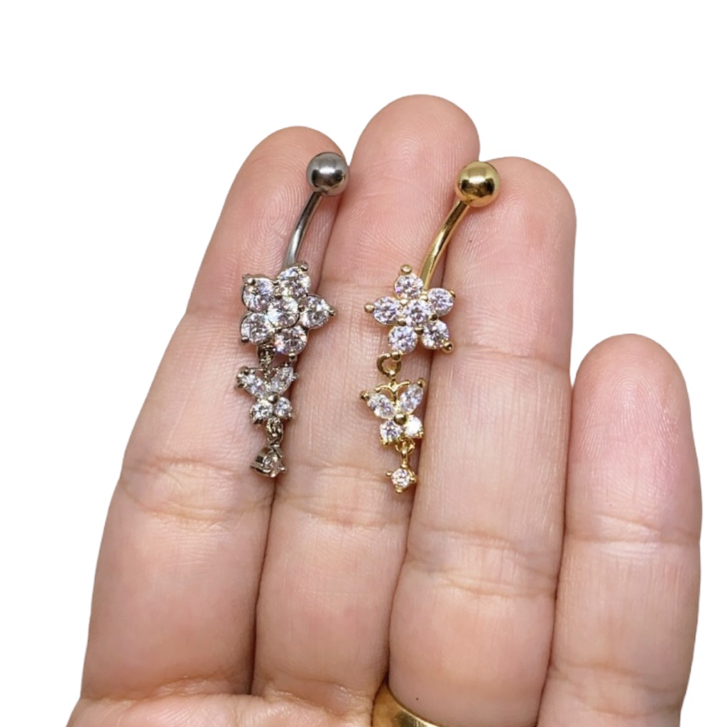 Piercing De Umbigo Aço Cirúrgico Pedra Flor Pingente