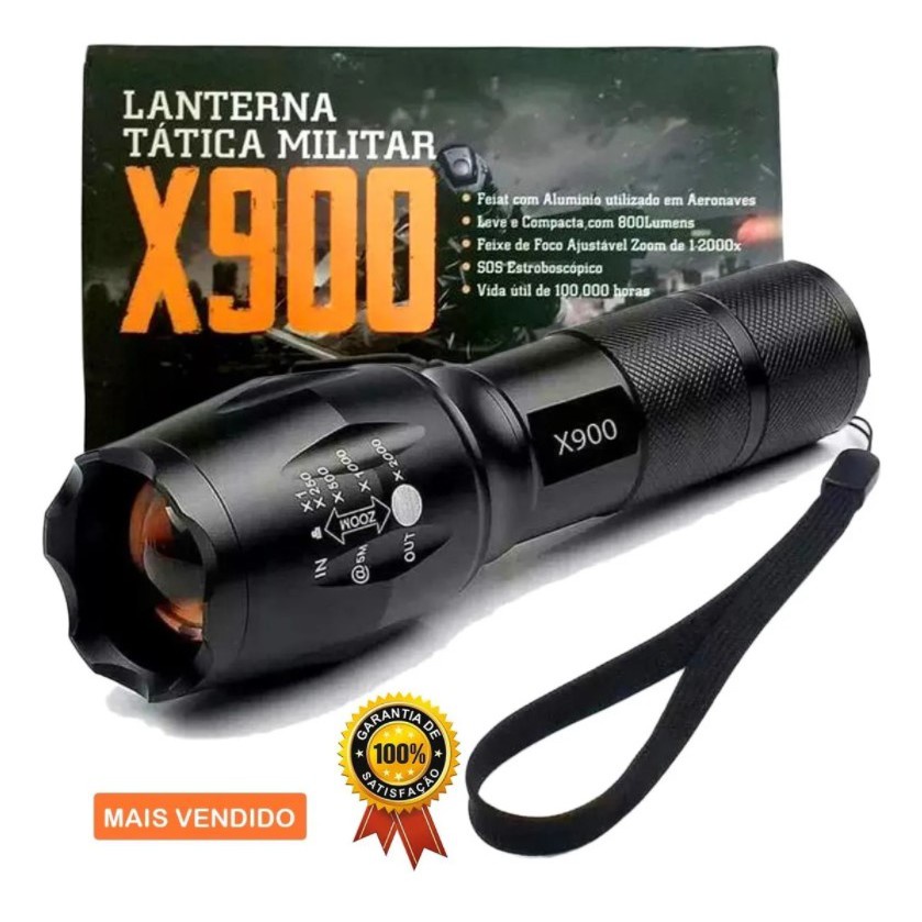Lanterna Tática Led T6 X900 Militar Função Strobo Bateria Alta Duração Recarregável Zoom Longo Alcance Muito Forte Super Potente Full
