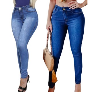 Kit 2 Calças Jeans Cós Alto Com Lycra Roupas Femininas