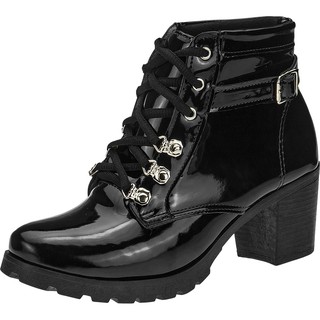 Bota Cano Baixo Preto Verniz Salto Quadrado Coturno Tratorada Mezikin